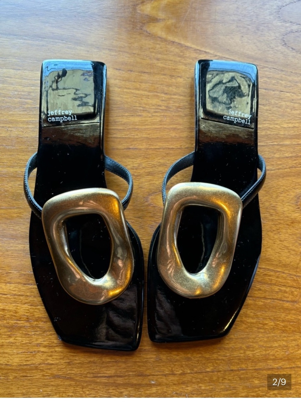 Jeffrey Campbell Linque Sandals Black Gold Statement Buckle Square Toe size 9